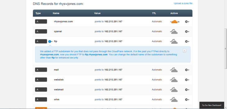 Step 3: select records you want to have on Cloudflare. Normally, the default settings are perfect – you can see here that the domain rhyswjones.com is ‘active’. Unless you have specific subdomains or subsites, just go with what they provide. If you know you have extra DNS records, you can add them here. 
