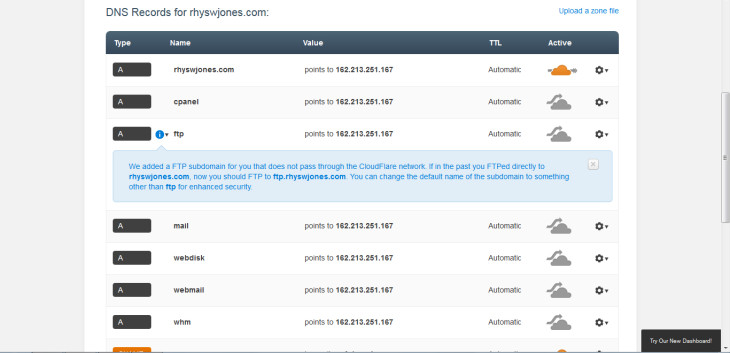 Step 3: select records you want to have on Cloudflare. Normally, the default settings are perfect – you can see here that the domain rhyswjones.com is ‘active’. Unless you have specific subdomains or subsites, just go with what they provide. If you know you have extra DNS records, you can add them here.